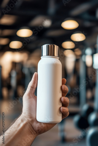A close up photo of man's hand holding a white blank insulated water bottle with a metal cup with a gym in the blurred background