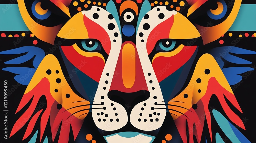 Obraz premium Groovy Abstract Cartoon Lion Faces in Vibrant Colors, Featuring Unique Patterns and Bold Artistic Style for Eye-Catching Digital Projects and Designs