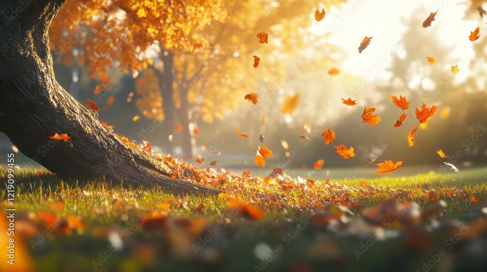 Autumn background with golden leaves on the grass in a park on a sunny day. Autumn season, fall time concept. Beautiful autumnal landscape with a fallen tree and falling leaves. Background of orange f Autumn background with golden leaves on the grass in a park on a sunny day. Autumn season, fall time concept. Beautiful autumnal landscape with a fallen tree and falling leaves. Background of orange f