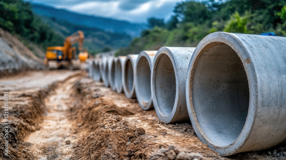 A row of concrete pipes stacked at a large infrastructure project site. A row of concrete pipes stacked at a large infrastructure project site.