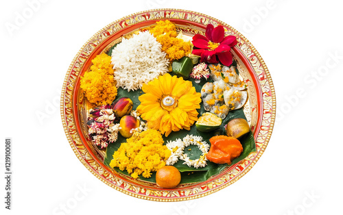A Decorative Puja Plate with Ugadi Prasadam Offerings Isolated On Transparent Background.
