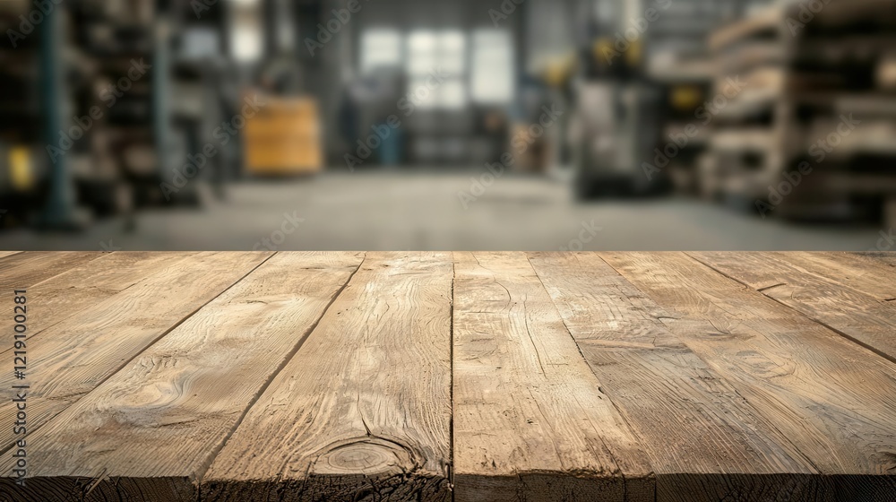 Industrial reclaimed wood table with bold grain lines, blurred machinery, rugged and raw appeal Industrial reclaimed wood table with bold grain lines, blurred machinery, rugged and raw appeal