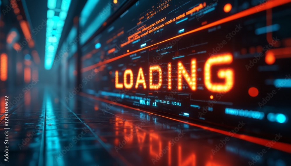 A captivating digital loading screen features bold orange text against a sleek, high-tech background illuminated by vibrant blue and orange lights. This visually striking scene evokes a sense of A captivating digital loading screen features bold orange text against a sleek, high-tech background illuminated by vibrant blue and orange lights. This visually striking scene evokes a sense of