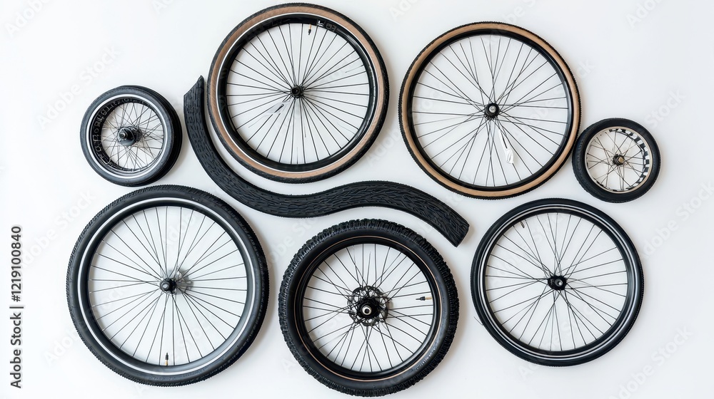 A collection of bicycle wheels with spokes and tires on a white isolated background A collection of bicycle wheels with spokes and tires on a white isolated background
