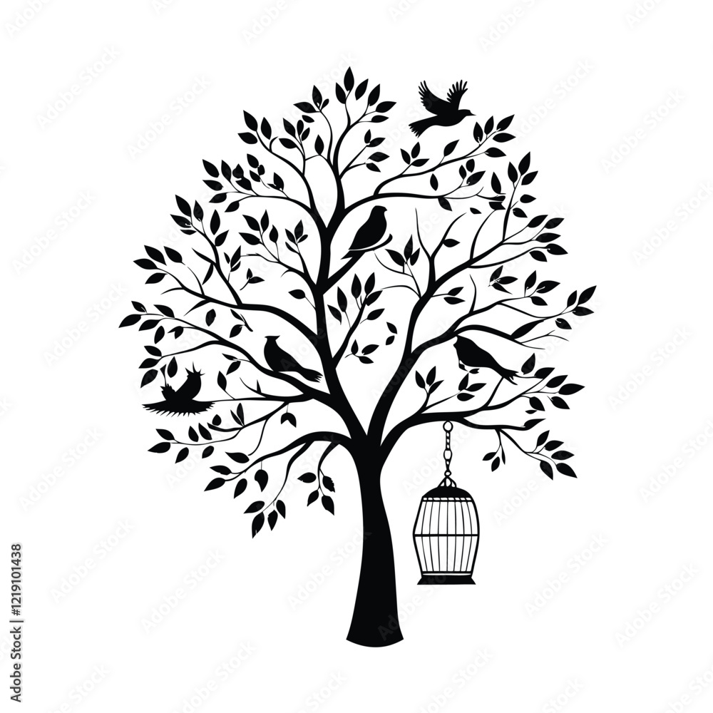 Obraz premium vector tree with leaves bird on white background