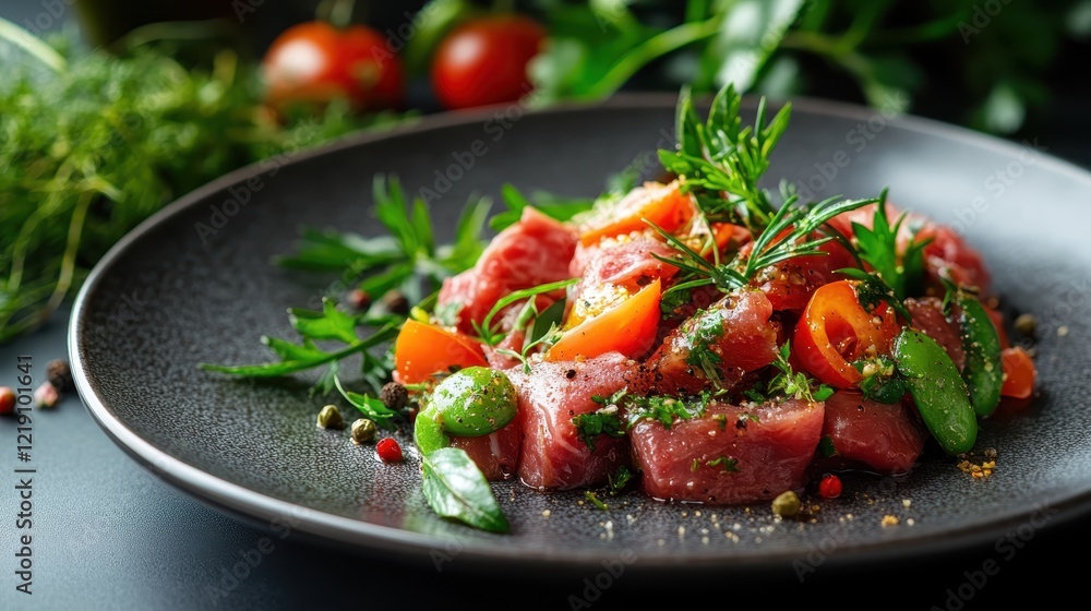 This inviting dish showcases fresh tuna intertwined with bright bell peppers and verdant herbs, ideal for a wholesome meal that's both nutritious and delicious. This inviting dish showcases fresh tuna intertwined with bright bell peppers and verdant herbs, ideal for a wholesome meal that's both nutritious and delicious.