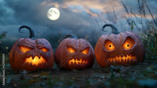 Spooky halloween scene with three evil-faced jack o' lantern pumpkins on grass under a misty night sky with full moon, perfect for eerie fall and halloween celebrations photo