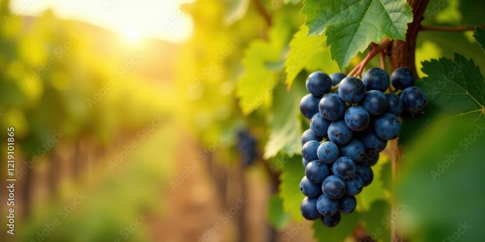 Naklejka premium Sunlit Vineyard A Cluster of Ripe Dark Grapes Hanging on the Vine at Golden Hour