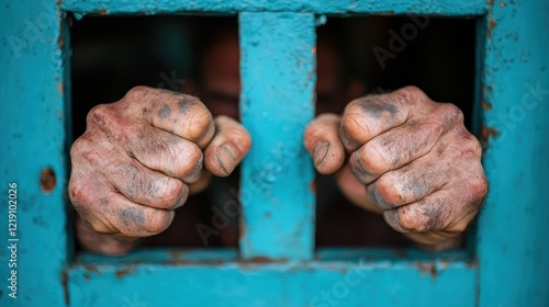 Two tightly clenched hands behind blue bars express deep anguish and frustration, representing a powerful emotional plea for release and the struggles of confinement. photo