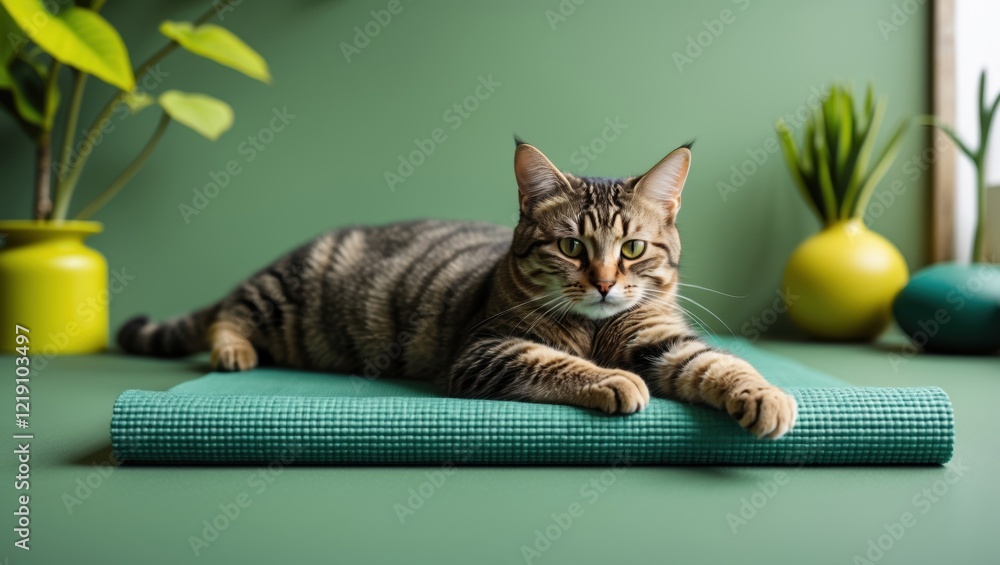 A relaxed tabby cat lounges on a green surface, surrounded by vibrant plants and colorful vases, creating a serene indoor atmosphere. A relaxed tabby cat lounges on a green surface, surrounded by vibrant plants and colorful vases, creating a serene indoor atmosphere.