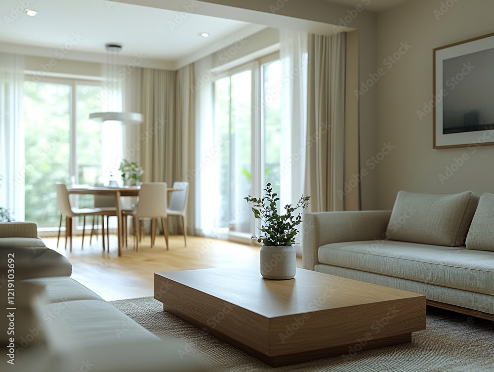 Fototapeta premium A modern minimalist interior in a residential living room with a glimpse of a dining room. Generative AI 