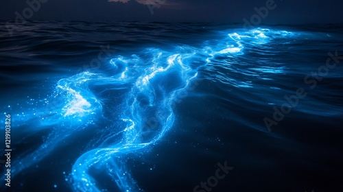 A glowing bioluminescent plankton captured in the ocean at night