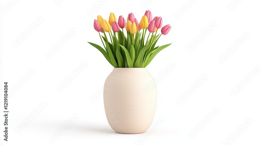 Obraz premium A Delicate Bouquet of Pink and Yellow Tulips in a Textured Cream Vase, Digitally Rendered