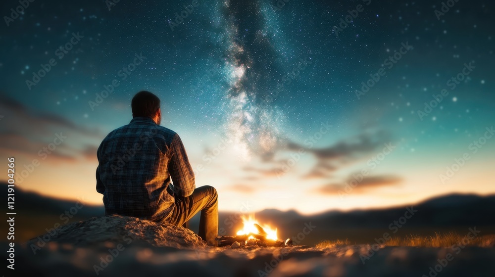 An evocative scene of gentle firelight illuminating the ground, while a breathtaking starry sky inspires awe and serves as a backdrop for quiet contemplation. An evocative scene of gentle firelight illuminating the ground, while a breathtaking starry sky inspires awe and serves as a backdrop for quiet contemplation.
