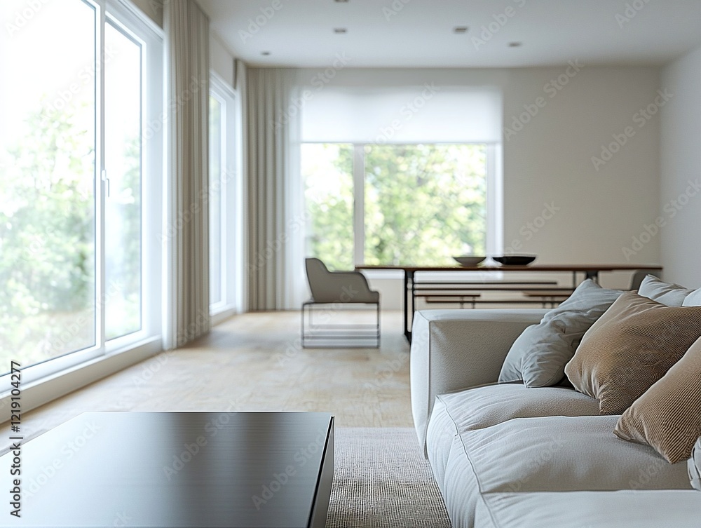 Fototapeta premium A modern minimalist interior in a residential living room with a glimpse of a dining room. Generative AI 