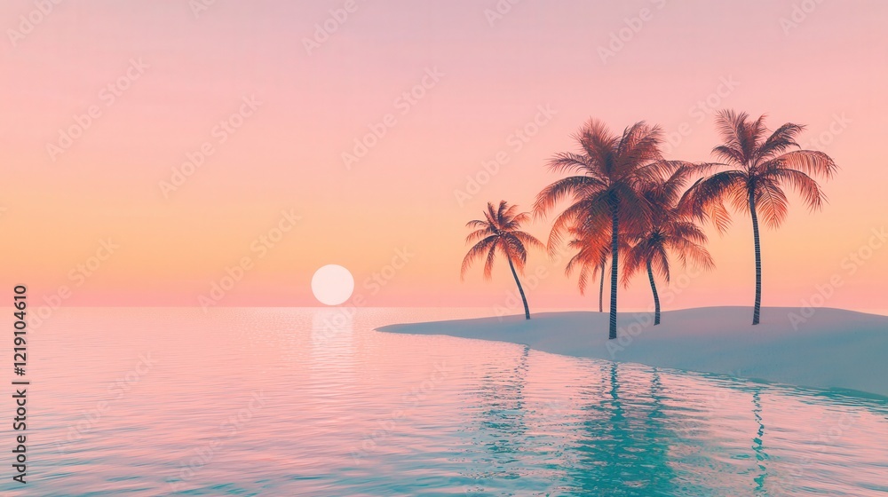 Fototapeta premium A tropical island escape featuring palm trees, soft white sand, and crystal-clear water extending to the horizon, with a sky showcasing a gradient of soft orange and pink, ideal for relaxation