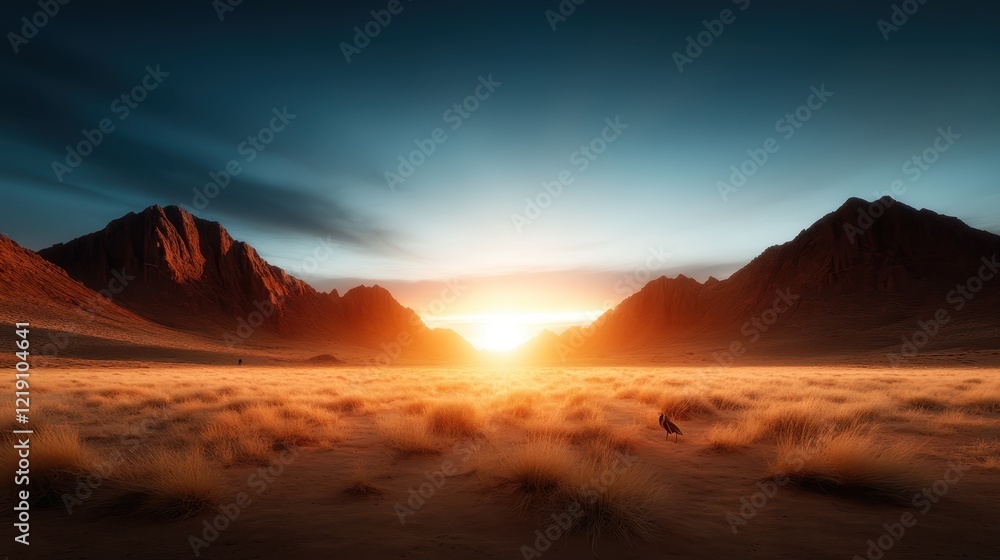 Naklejka premium A breathtaking sunset glows between rugged mountain silhouettes, creating a sense of mystery and wonder in a vast, open landscape bathed in warm, soft light.