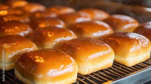Freshly baked loaves of bread lined up on a cooling rack in a bakery.