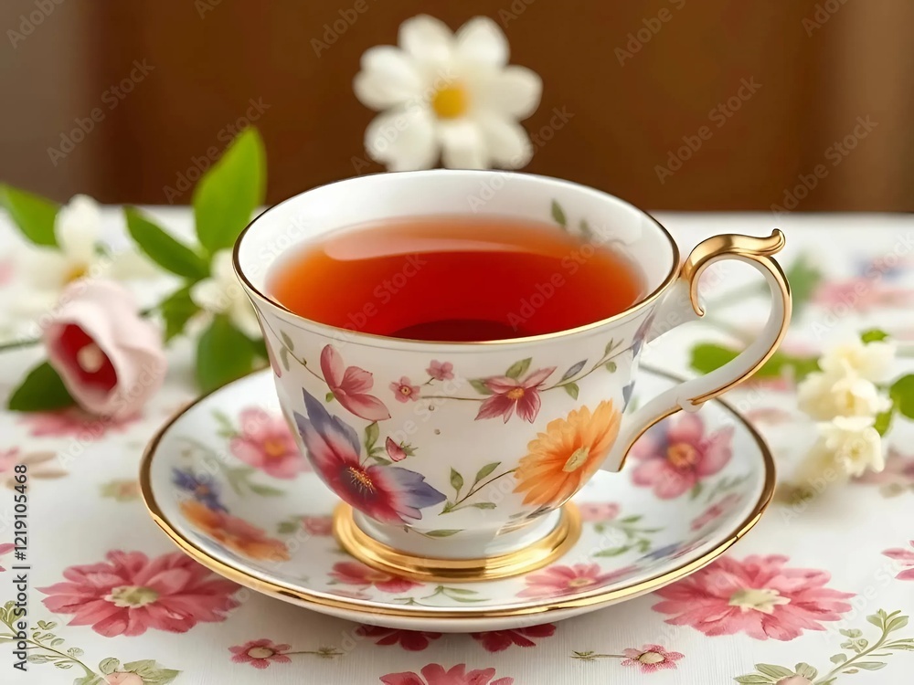 Artistic illustration. Close-up of a cup of tea and a saucer. Floral print. Artistic illustration. Close-up of a cup of tea and a saucer. Floral print.