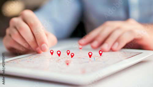 Close-up of a man's hands typing on a tablet with location pins and a map, against a white background. photo