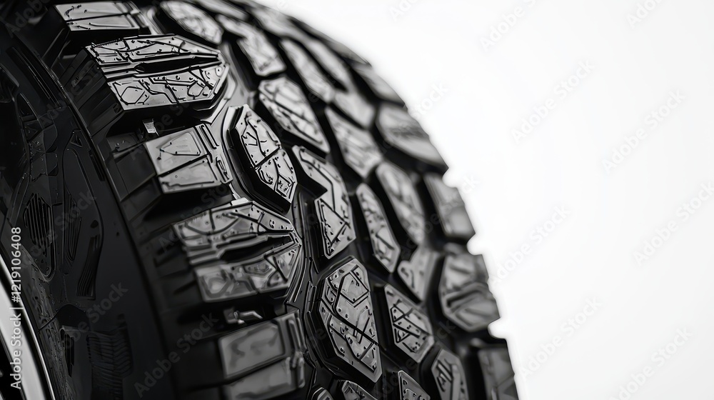 A close-up of a car tire and rim with detailed tread pattern on a white isolated background A close-up of a car tire and rim with detailed tread pattern on a white isolated background