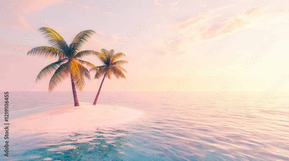 Fototapeta premium A tropical island escape featuring palm trees, soft white sand, and crystal-clear water extending to the horizon, with a sky showcasing a gradient of soft orange and pink, ideal for relaxation