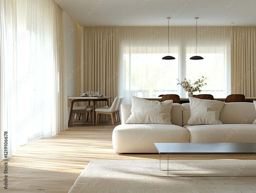 Fototapeta premium A modern minimalist interior design of a residential living room with dining room view and sofa and table. Generative AI