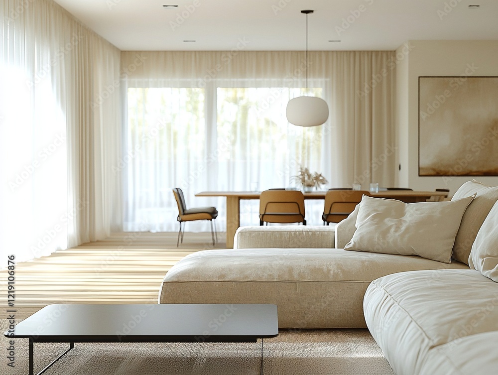 A modern minimalist interior design of a residential living room with dining room view and sofa and table. Generative AI
A modern minimalist interior design of a residential living room with dining room view and sofa and table. Generative AI