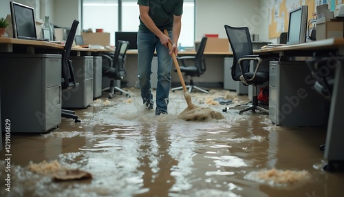 Flooded Office Cleanup Man Cleaning Up Water Damage