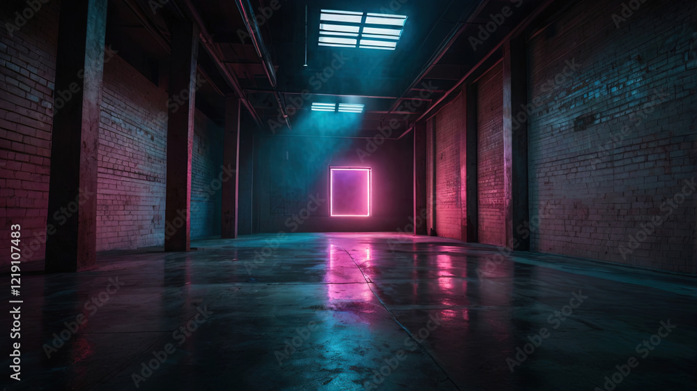Dark empty street with neon lights and spotlights, abstract background, smoke rising from concrete floor and studio providing textured setting for product display. Dark empty street with neon lights and spotlights, abstract background, smoke rising from concrete floor and studio providing textured setting for product display.