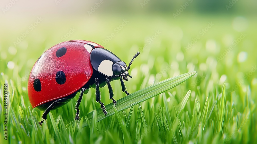 Obraz premium A vibrant ladybug rests on a dewy blade of grass in a lush green field, showcasing the intricate details of its shell and the fres