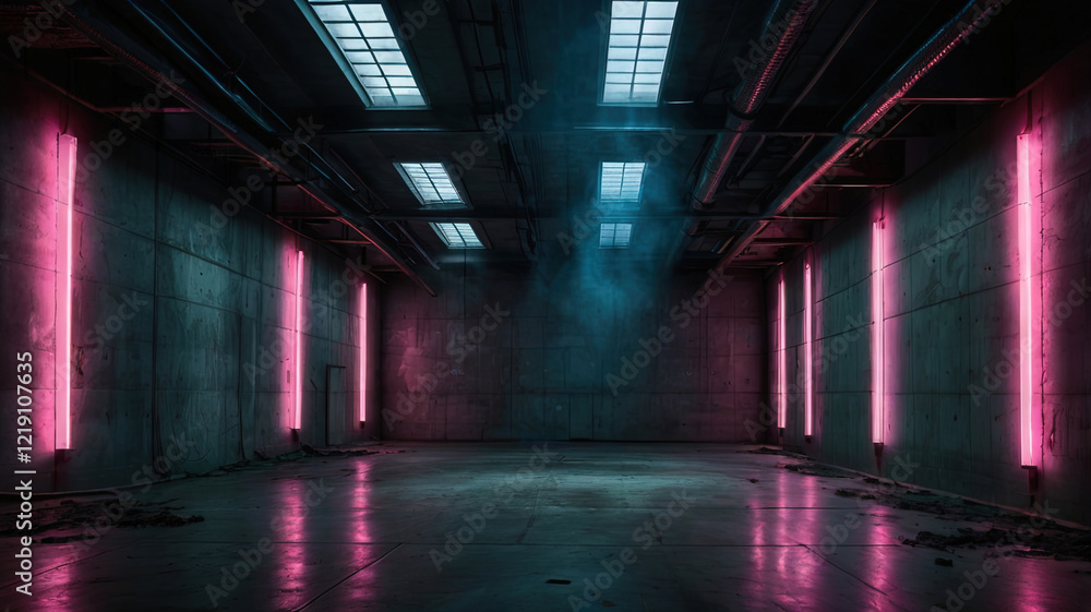 Dark empty street with neon lights and spotlights, abstract background, smoke rising from concrete floor and studio providing textured setting for product display. Dark empty street with neon lights and spotlights, abstract background, smoke rising from concrete floor and studio providing textured setting for product display.