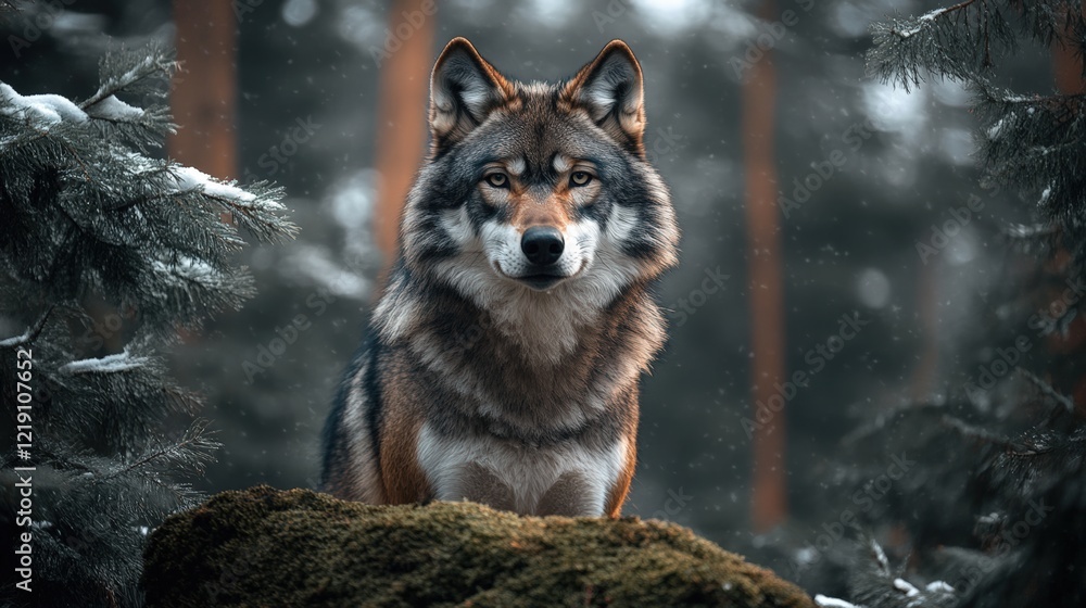 Wild wolf standing on moss in a snowy forest setting Wild wolf standing on moss in a snowy forest setting
