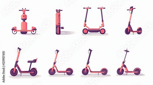 A set of electric scooters with folding designs for portability on a white isolated background