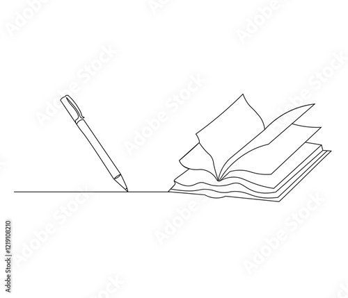 One continuous line drawing of opened book with pen. Studying book and pen for education in simple line. Concept vector art for university or college. Editable stroke. Doodle line illustration