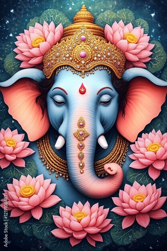 A vibrant painting depicting Ganesha, the Hindu god of wisdom and prosperity, with a serene expression.