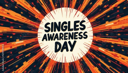 A vibrant and dynamic graphic celebrates Singles Awareness Day with bold text and explosive colors radiating from a central circle. The energetic design captures the spirit of self-love and