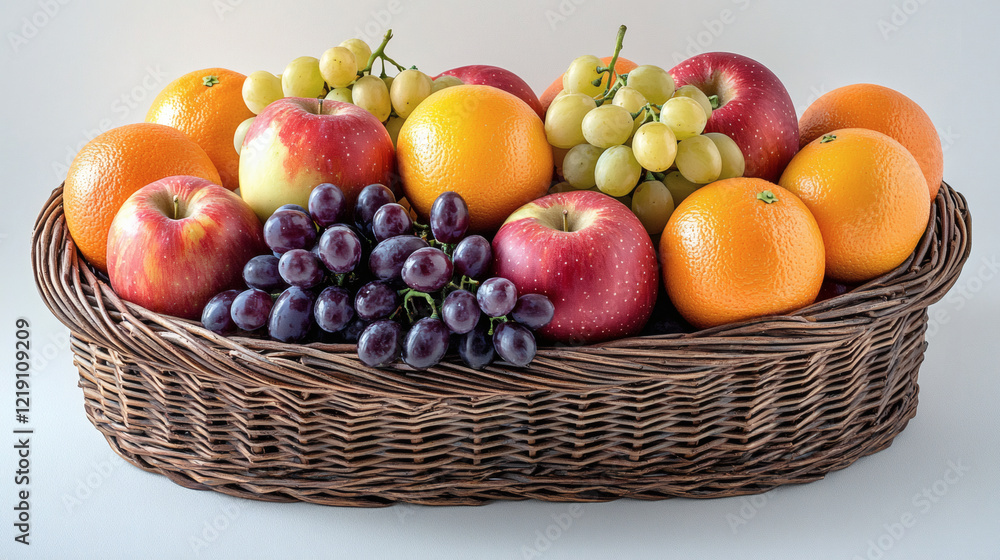 A Wicker Basket Filled With A Mix Of Apples, Oranges, And Grapes A Wicker Basket Filled With A Mix Of Apples, Oranges, And Grapes