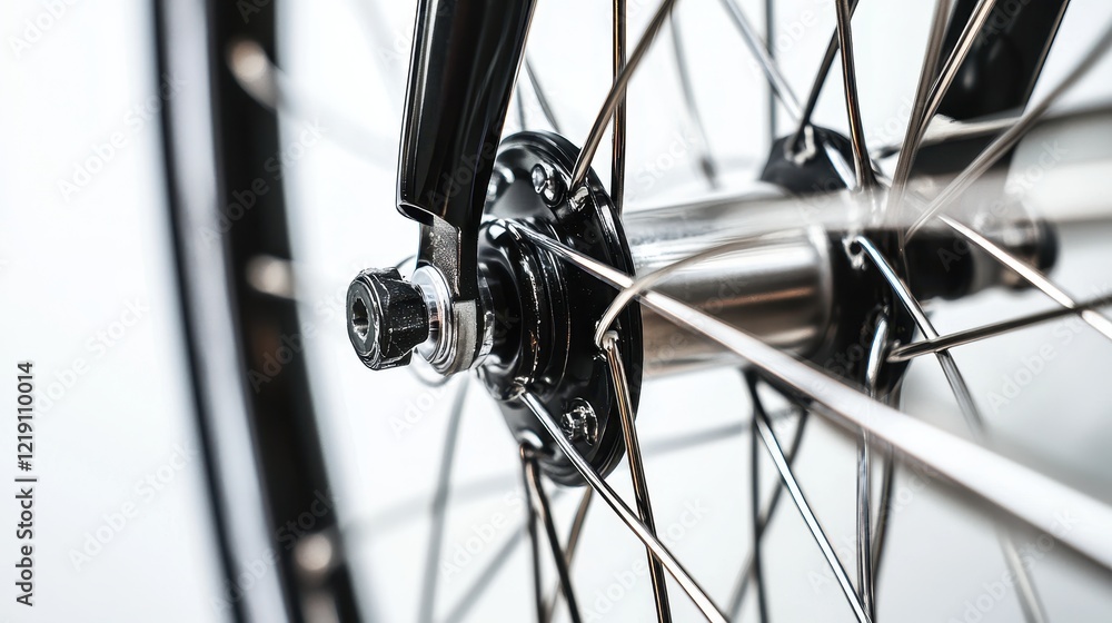 Fototapeta premium A close-up of a bicycle wheel with spokes and hub on a white isolated background