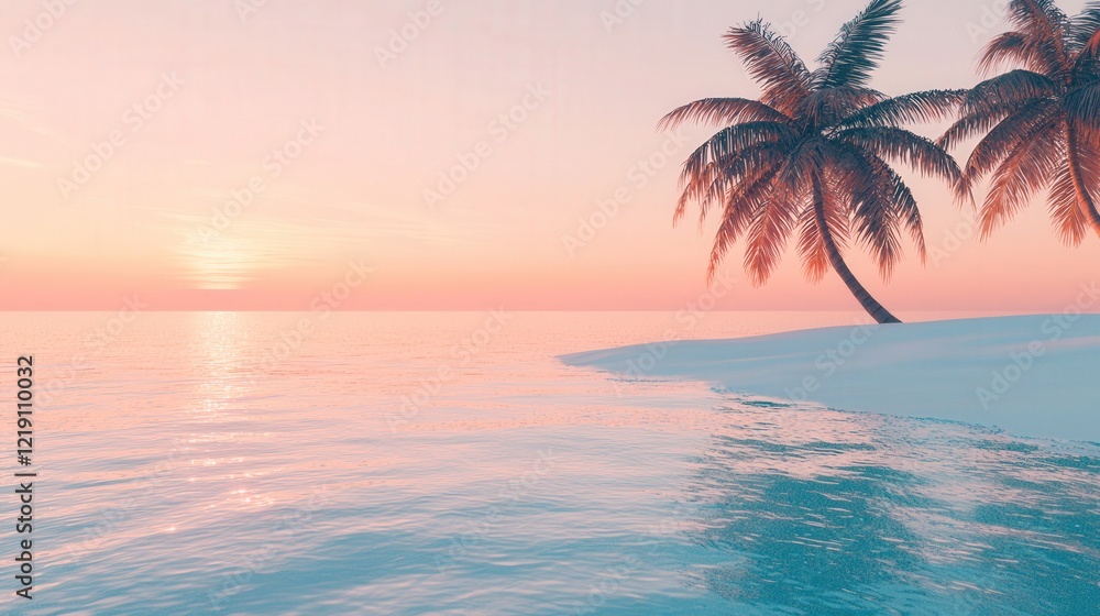 Obraz premium A tropical island escape featuring palm trees, soft white sand, and crystal-clear water extending to the horizon, with a sky showcasing a gradient of soft orange and pink, ideal for relaxation