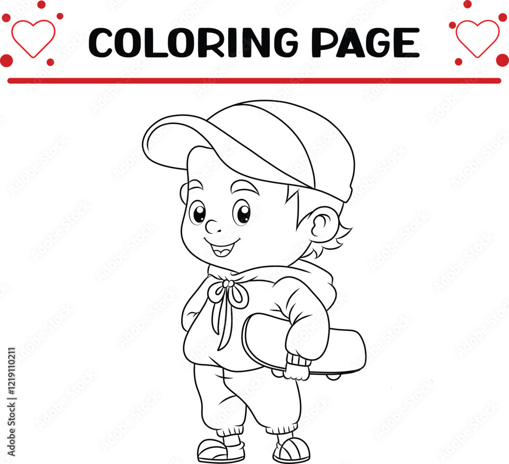 Fototapeta premium cool boy is playing skateboard coloring page for kids