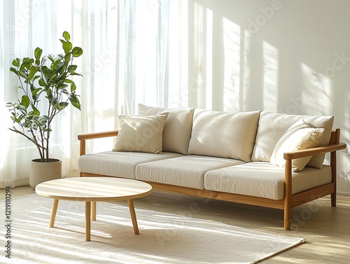 A modern minimalist interior design of a residential living room with windows and curtains visible and beige sofas and wood tables. Generative AI
