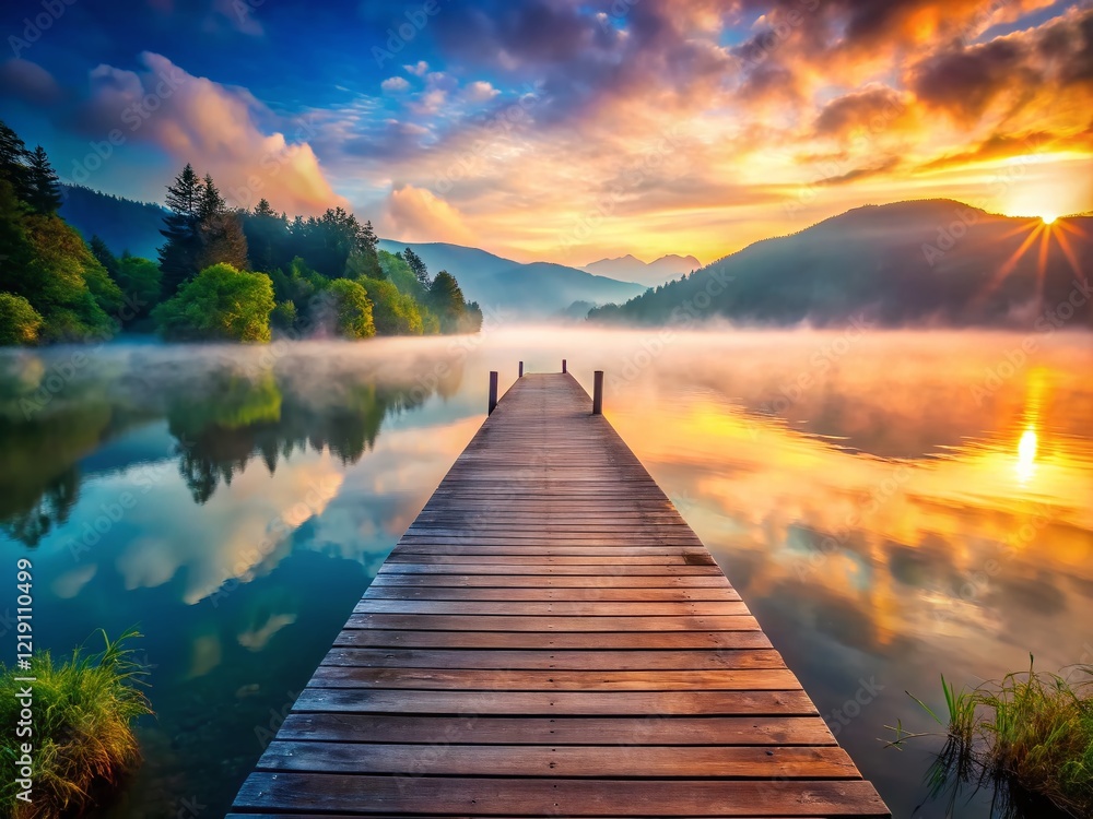 Fototapeta premium Misty Mountain Lake Pier - Serene Sunrise Landscape Photography