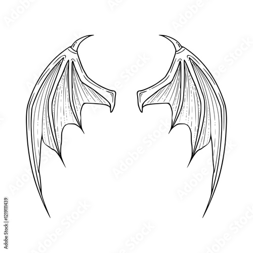 a black and white drawing of a devil wings illustration