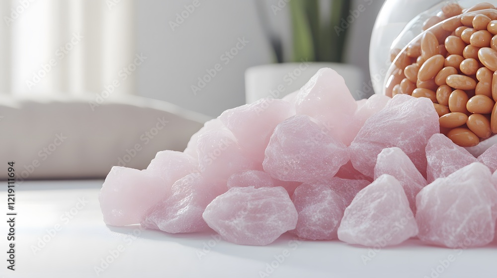 Pink Rose Quartz Crystals and Orange Capsules Wellness Concept Pink Rose Quartz Crystals and Orange Capsules Wellness Concept