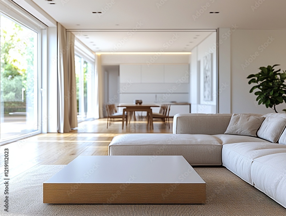 Fototapeta premium A midcentury modern interior design in the living room of a house with minimalist, sofa and table and a dining room view. Generative AI 
