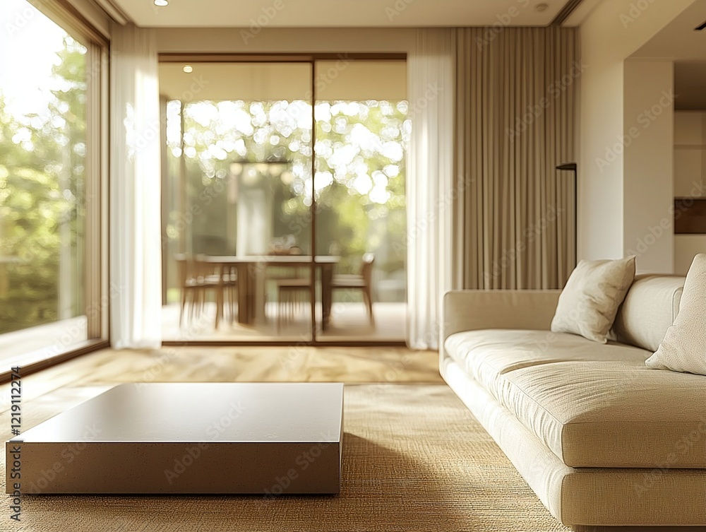 Fototapeta premium A modern minimalist interior design of a residential living room with curtains visible windows and a sofa and table. Generative AI 