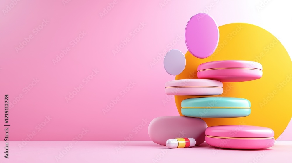 A colorful arrangement of macarons on a pink background, featuring pastel shades and circular shapes, creating a vibrant and playful aesthetic. A colorful arrangement of macarons on a pink background, featuring pastel shades and circular shapes, creating a vibrant and playful aesthetic.