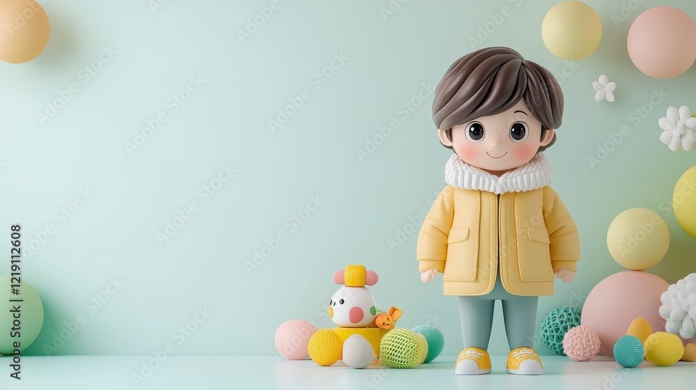 Adorable 3D Rendered Child with Whimsical Animal Figurine in a Pastel Winter Scene Adorable 3D Rendered Child with Whimsical Animal Figurine in a Pastel Winter Scene