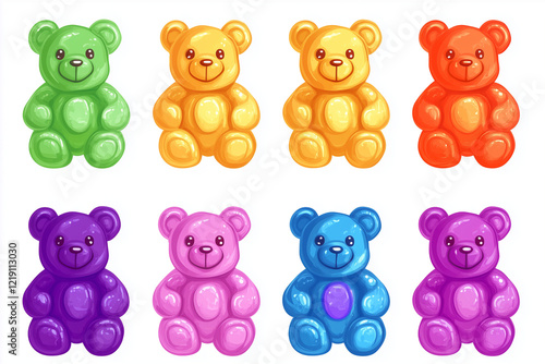Collection of colorful jelly gummy bears, isolated on white background